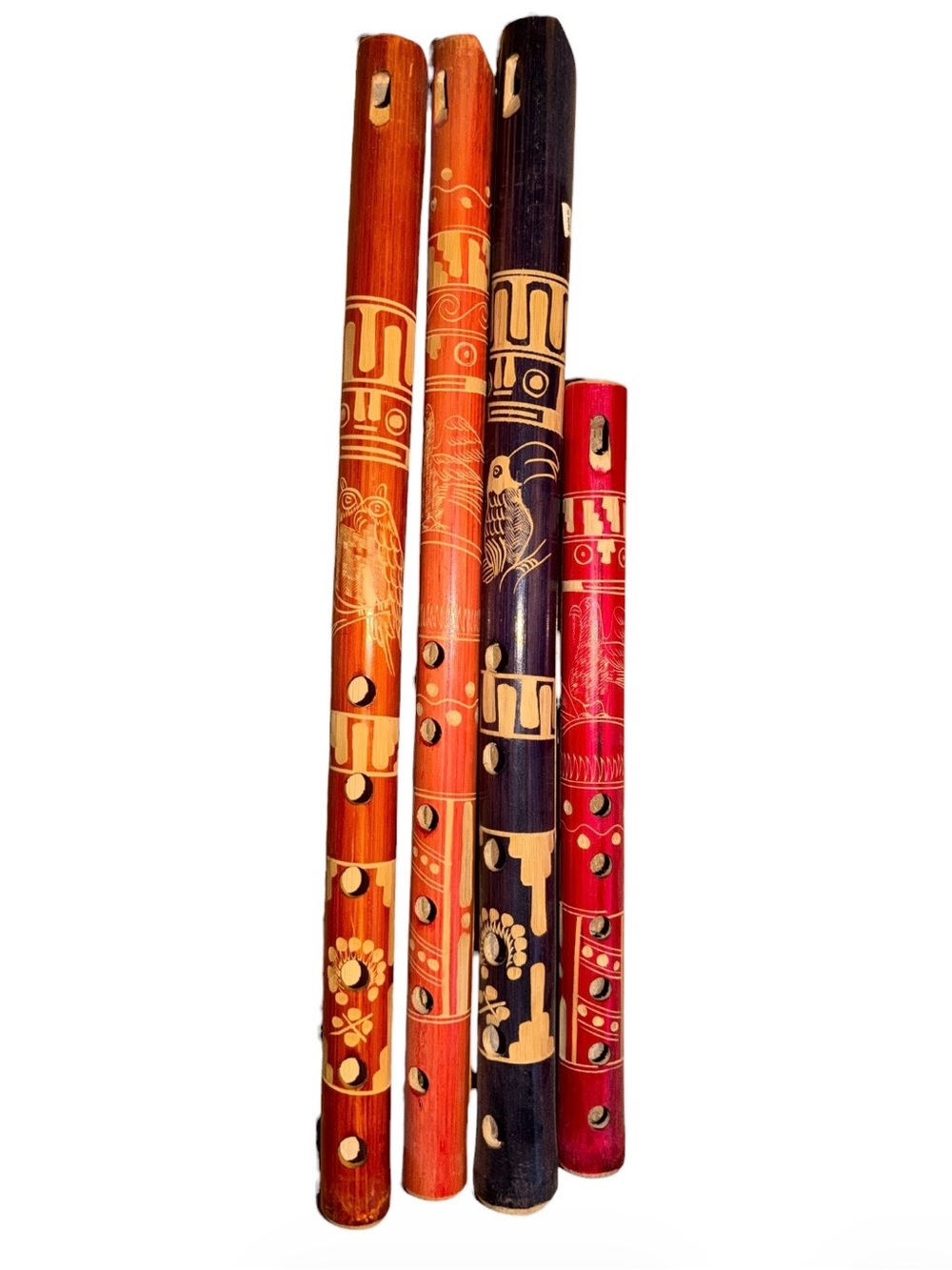 4 Handcrafted Bamboo Flutes in Red, Dark Purple, Brown, and Orange